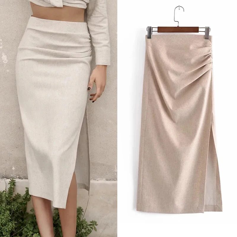 

Женская винтажная юбка миди, элегантная юбка цвета хаки из 2021 льна с оборками и Боковым Разрезом, длинная юбка с высокой талией на весну