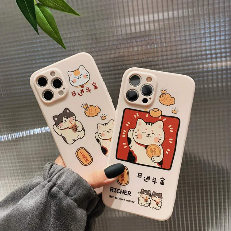 

Cute Japanese Cartoon Lucky Cat Phone Case For iPhone 12 11 Pro 13 Xr X Xs Max 7 8 Puls SE 2020 Cases Soft Silicone Cover
