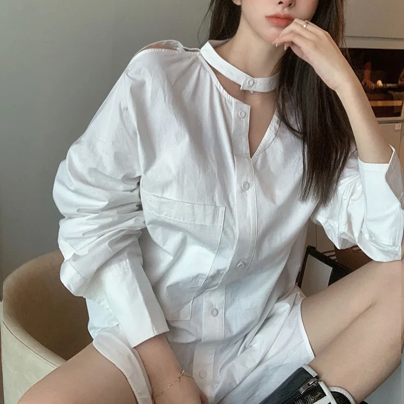 

Fashion Asymmetrical Tops Women's Summer Blouse Casual Long Sleeve Off-Shoulder Shirts Female Design V-Neck Blusas Loose Tops