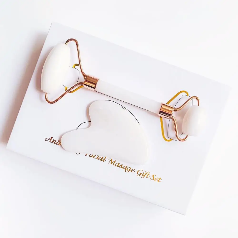 Массажный ролик для лица из нефрита Gua Sha инструмент в подарочной коробке Белый