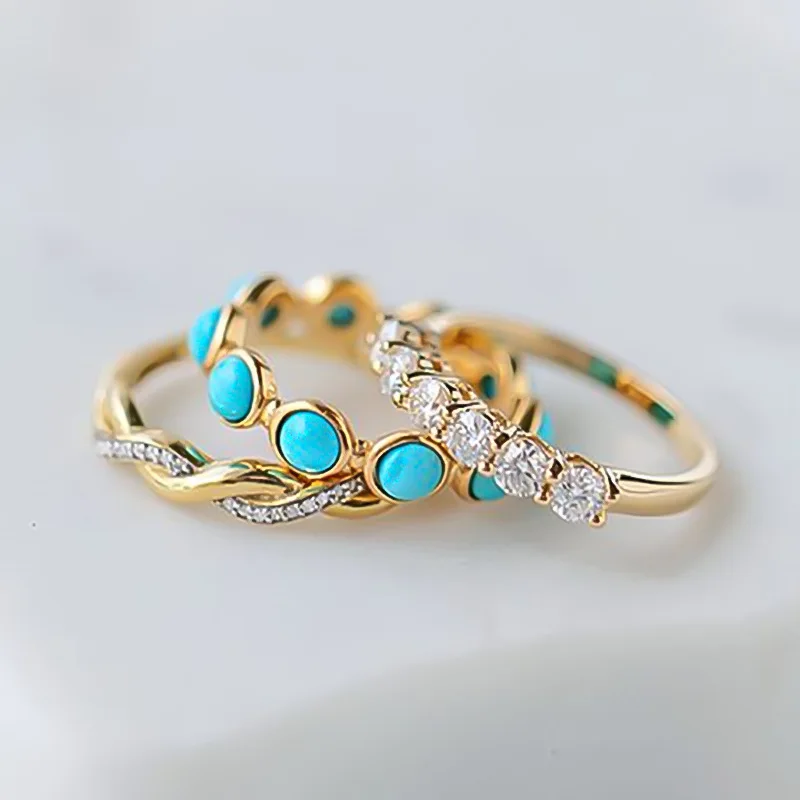 

Cute Female Turquoise Ring Set Charm Gold Color Crystal Wedding Rings For Women Luxury White Round Zircon Engagement Ring