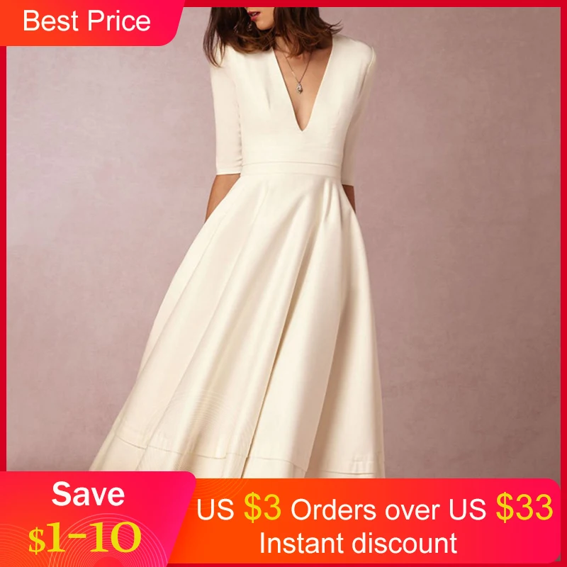 

White Dress Vintage Women Deep V Sexy Pleated Plain Red Blue Simple Fashion Street Basic Elegant Party Casual Swing Midi Dresses