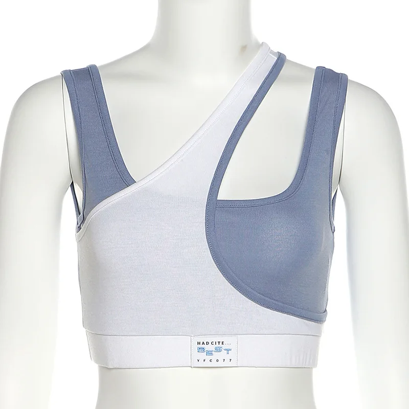 

Patchwork Panelled Sport Tank Top 2021 Summer Causal Off Shoulder Blue Crop Top Women Irregular Hollow Out Cotton Womens Tops