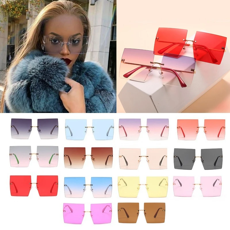 

Оптовая продажа, 14 цветов, квадратные солнцезащитные очки без оправы для женщин, оверсайз, солнцезащитные очки из сплава красного, синего цв...