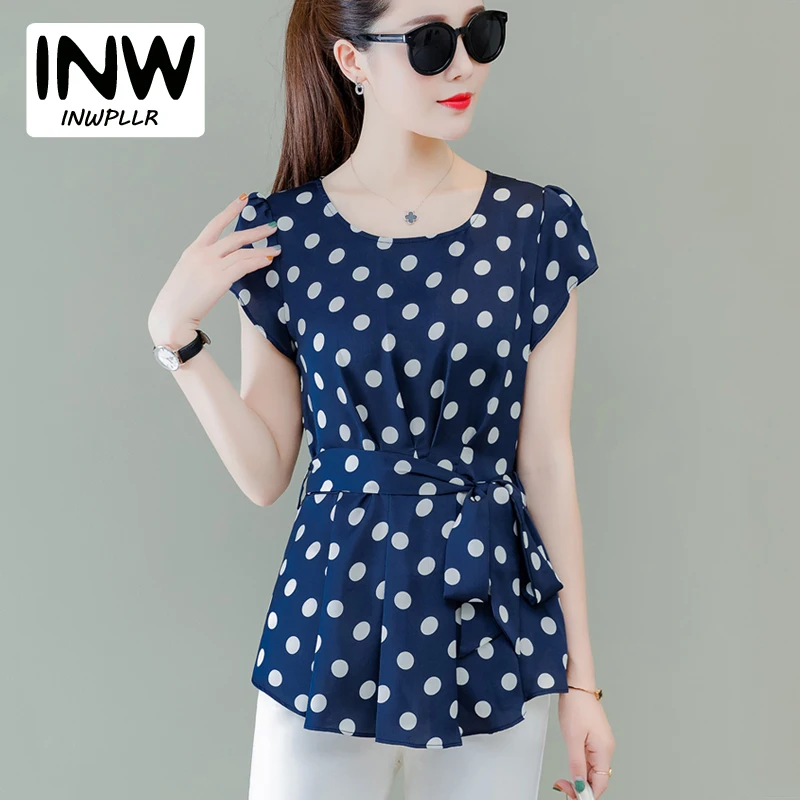 Женская шифоновая блузка в горошек с коротким рукавом | одежда