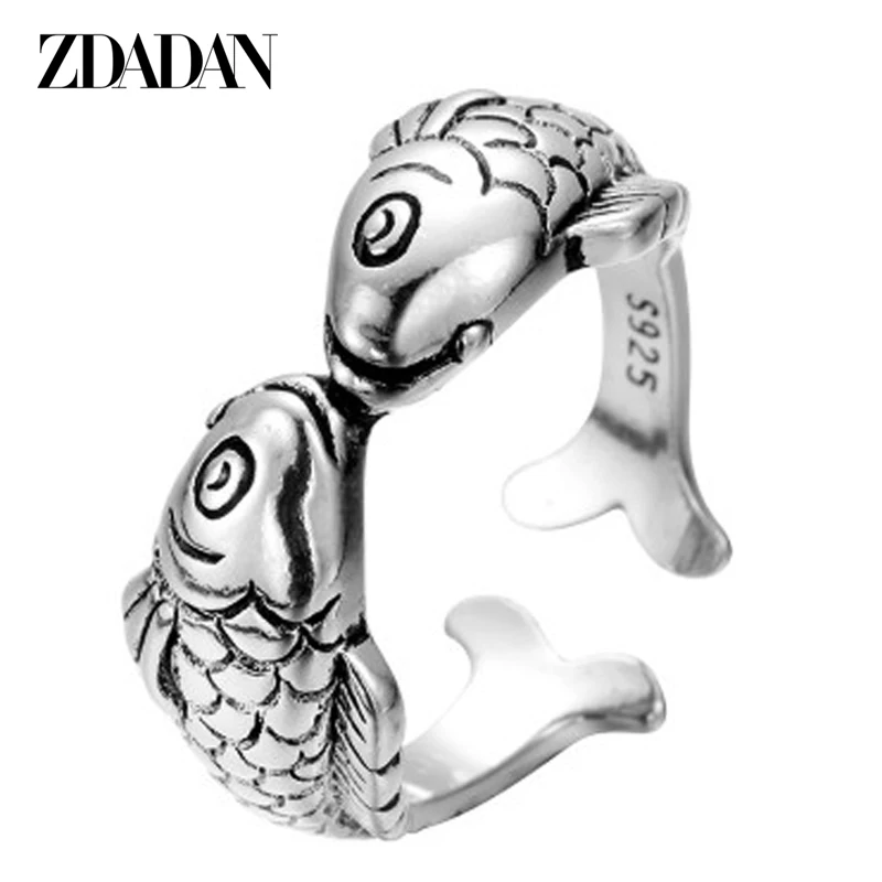 

ZDADAN 925 Sterling Silver Charm Double Full Fish Open Ring For Women Wedding Party Jewelry Gift