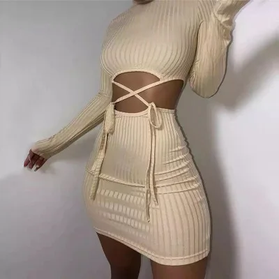 

New autumn and winter women's small high round neck long sleeve solid color sexy hollow slim fit hip dress women
