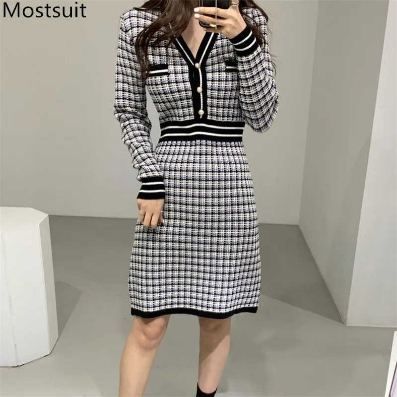 

2020 Autumn Vintage Elegant Korean Knitted Plaid Dress Women Color-blocked V-neck Long Sleeve Dresses Fashion Ladies Vestidos
