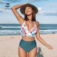 cupshe ruffled halter high waist bikini sets swimsuit for women sexy v neck tank two pieces swimwear 2021 new beach bathing suit