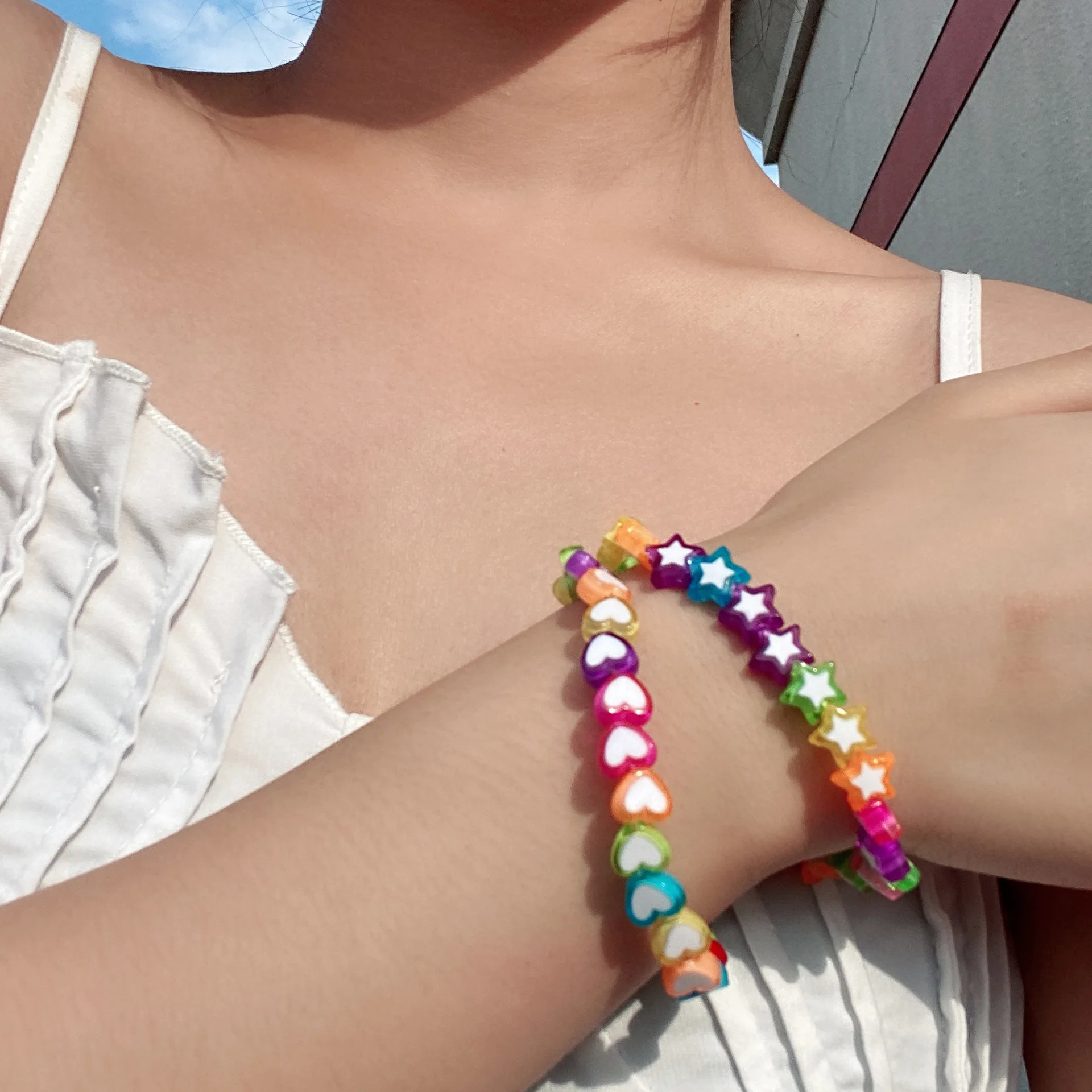 

ins Cute Acrylic Mix And Match Color Five-Pointed Star Love Heart-Shaped Bracelet Rope Chain Women's Wrist Accessories Jewelry