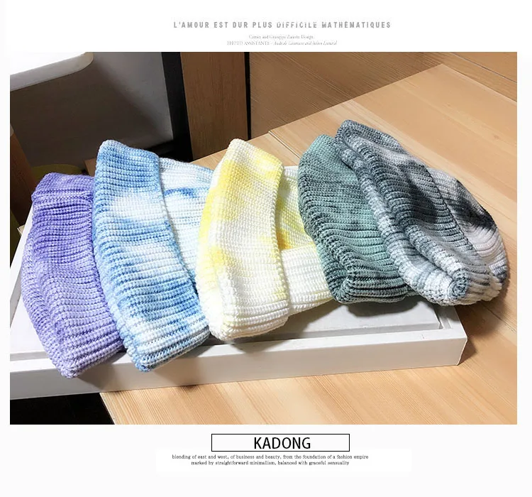 

Winter Unisex Wool Knitted Fashion Print Melon Hat Female Handmade Irregular Tie-dye Style Warm Elastic Cap For Women Men Beanie