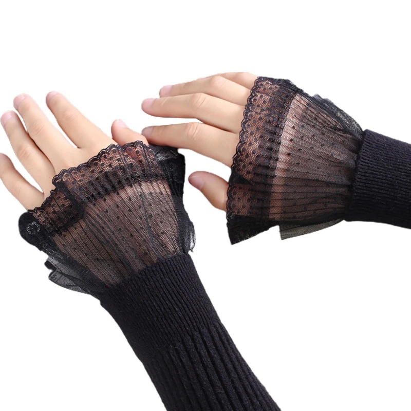 1 Pair Korean Women Girls Fake Flared Sleeves Double Layer Lace Pleated Ruched False Cuffs Wrist Warmers |