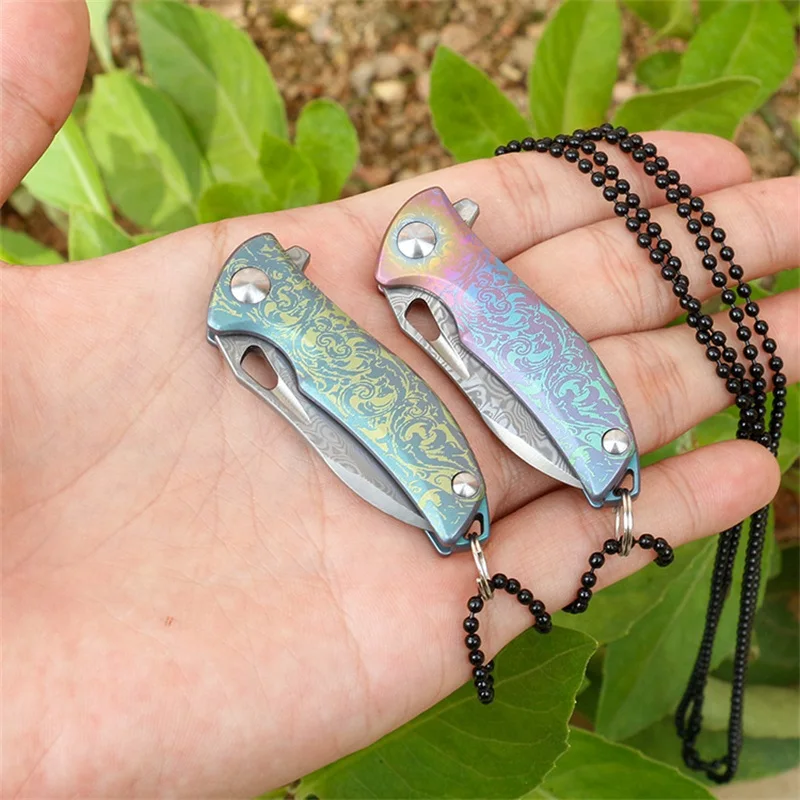 

New Arrivals Titanium Handle Damascus Steel Knives Mini Pocket Folding Knife Weapons Survival Tool Hunting EDC For Man Women