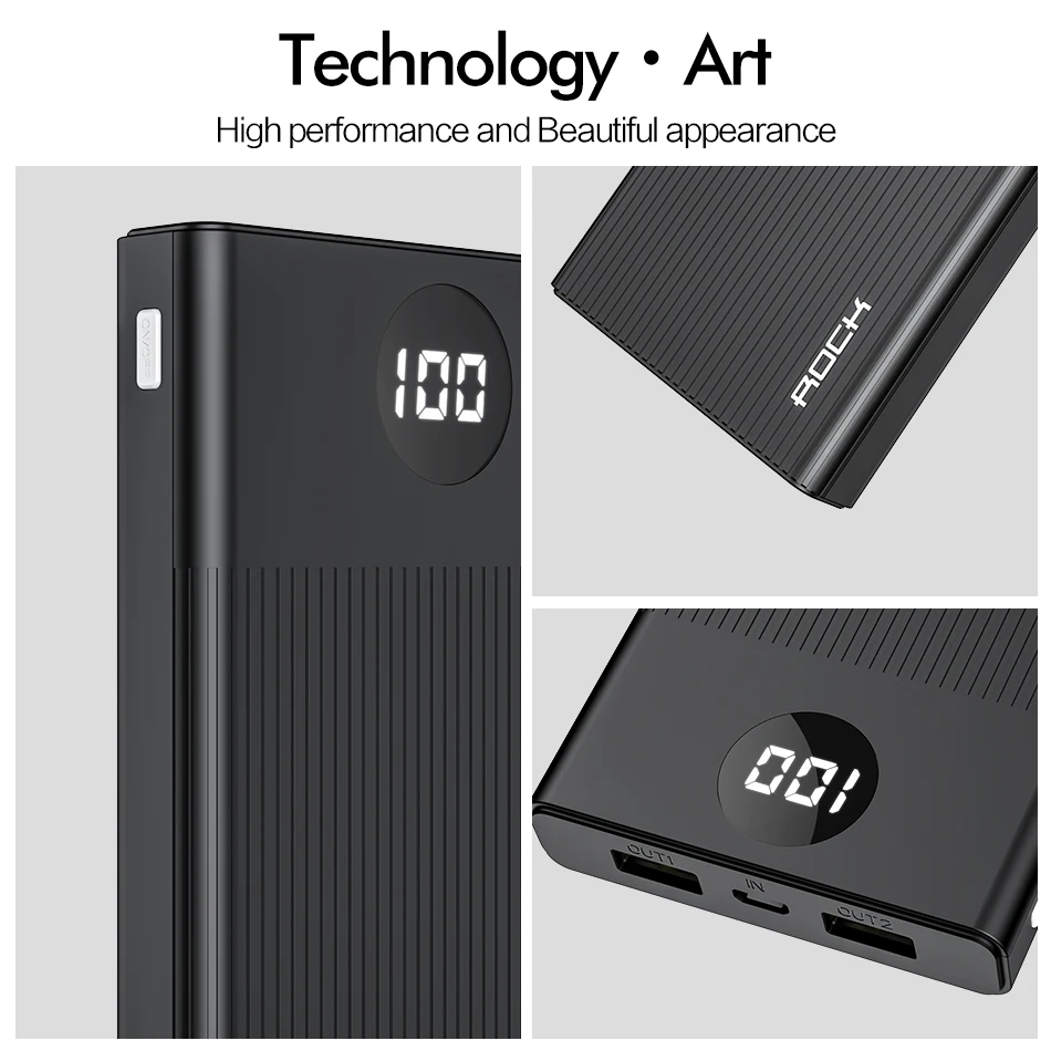 Портативное зарядное устройство Rock 2 USB порта 10000 мАч светодиодный дисплей