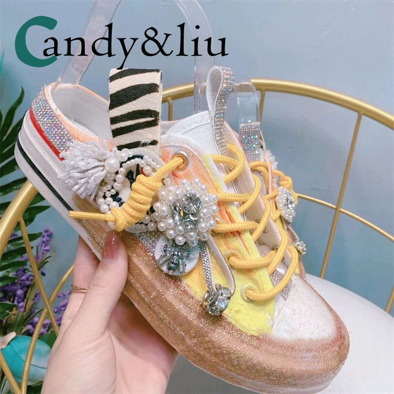 

Original personality heavy work hand-drilled chain plaid pattern students a hundred canvas shoes