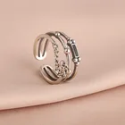 Женское кольцо с черным Цирконом, винтажное Открытое кольцо серебряного цвета с цепочкой, украшение для девушек и женщин, Подарочная бижутерия