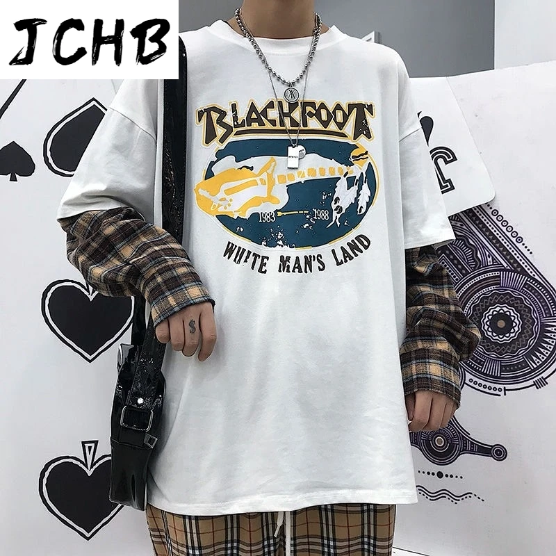 

2021 Harajuku Korean Plaid Fake 2pcs Student Tshirt Women Clothes Long-sleeved Couples Tops Street Vintage Style Spring Tshirt