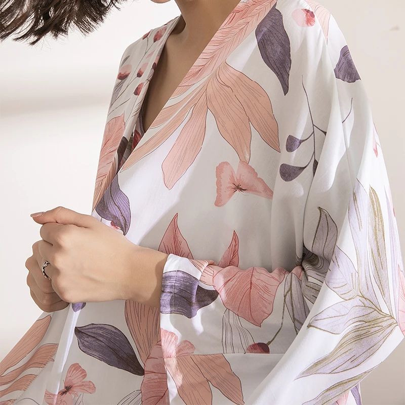 

3Pcs Soft Pajama Set For SPRING & FALL Ladies Sleepwear Floral Printed Pink Leaves Cardigan+Camisole+Pants Homewear