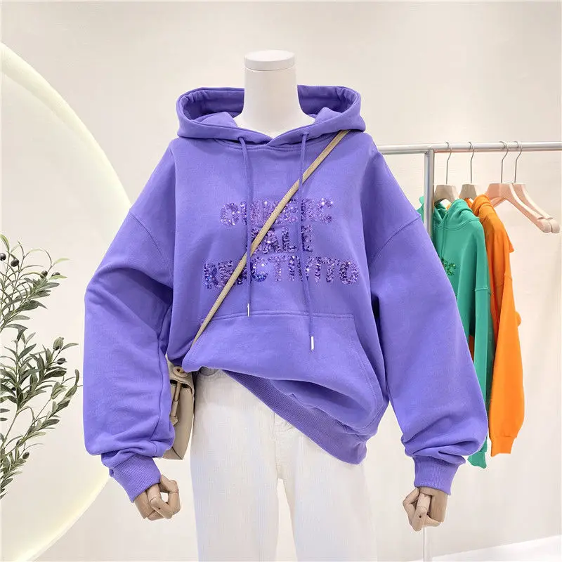 

Letter Printed Hoodie Women Spring Autumn Thin 2021 Round Neck Fashion Loose Hooded All-Matching Long Sleeve Coat