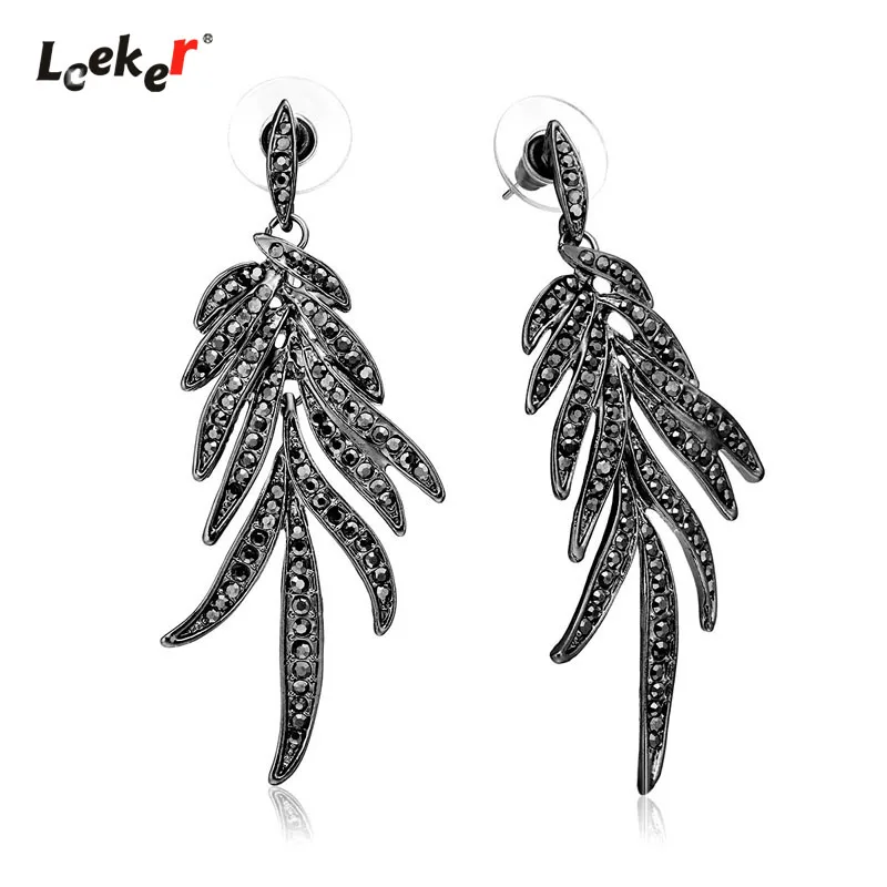 LEEKER Женская Ослепительная Черный кубический цирконий перо в форме длинные