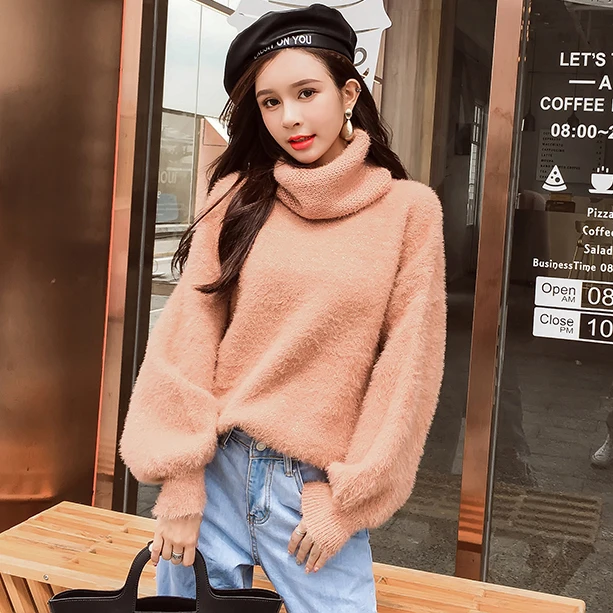 

Make winter more new gold wire super flash turtleneck han edition minks hair loose languid is lazy lantern sleeve sweater