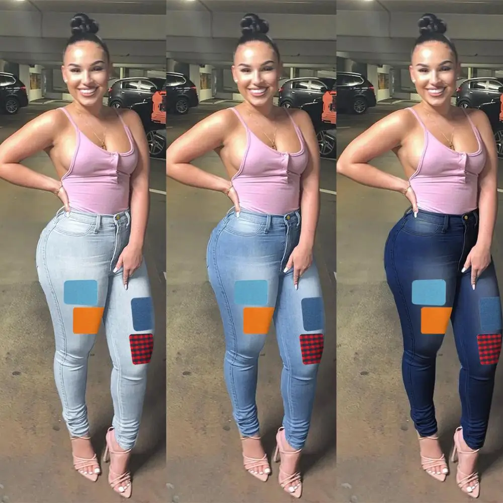 

Large size casual stitching women's jeans high-waist pencil pants ladies hot jeans women's slim jeans retro women's trousers