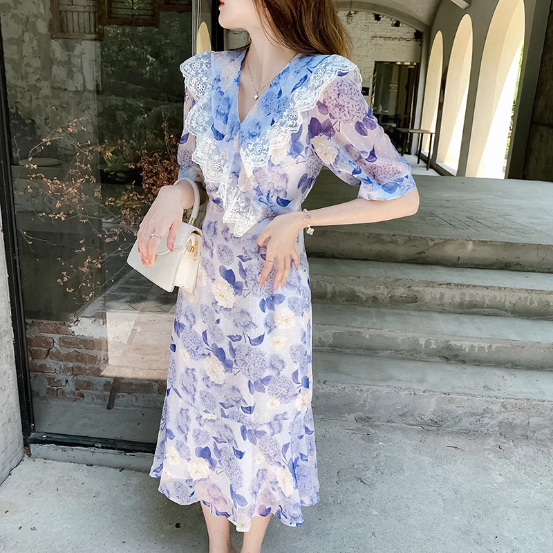 

Шифоновое кружевное платье с принтом и V-образным вырезом, новинка 2021, нежные темпераментные платья, Красивое Летнее жаккардовое платье, пла...