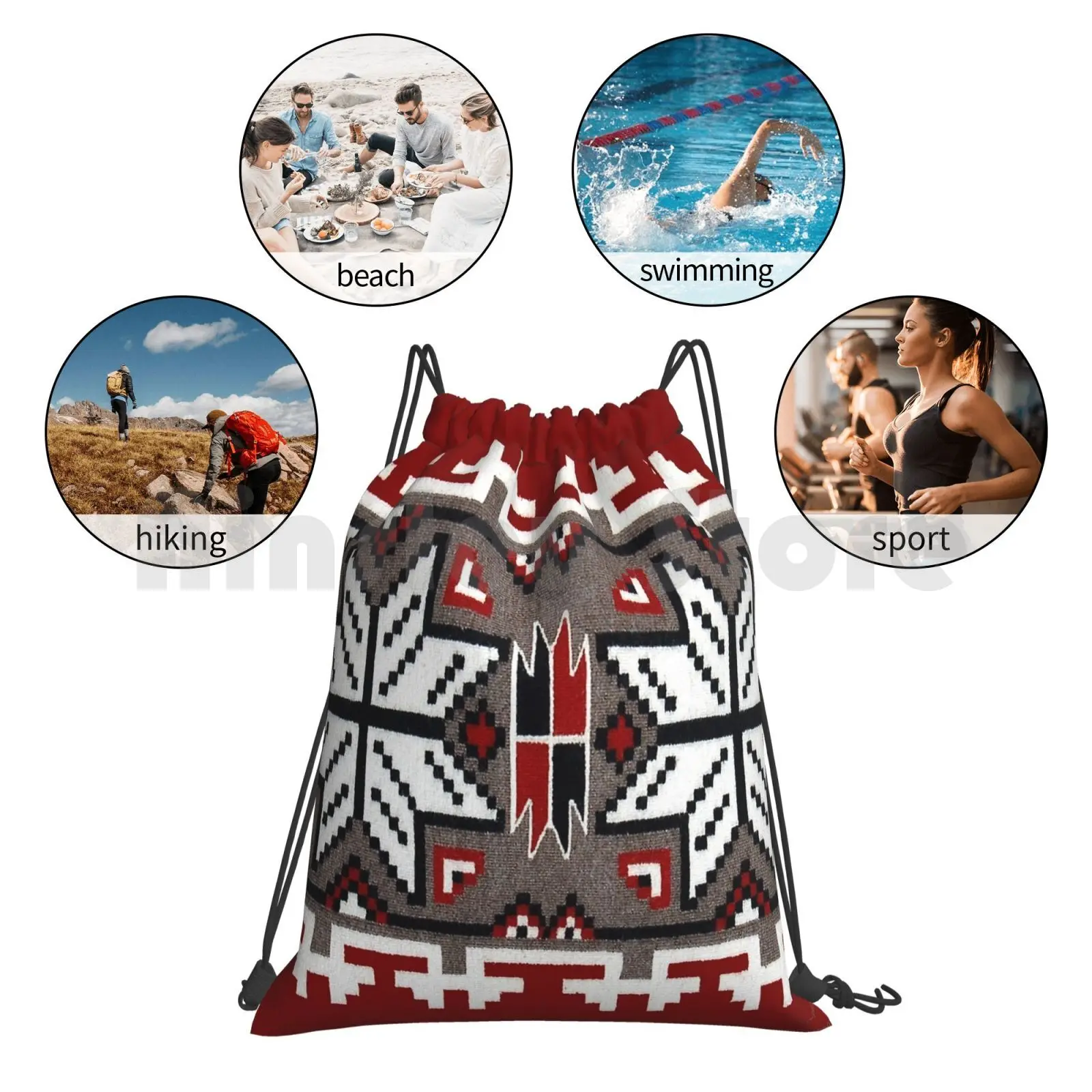 

Blanket Weaving Pattern Backpack Drawstring Bag Riding Climbing Gym Bag Southwestern Pattern Red Gray Black White Snowflake