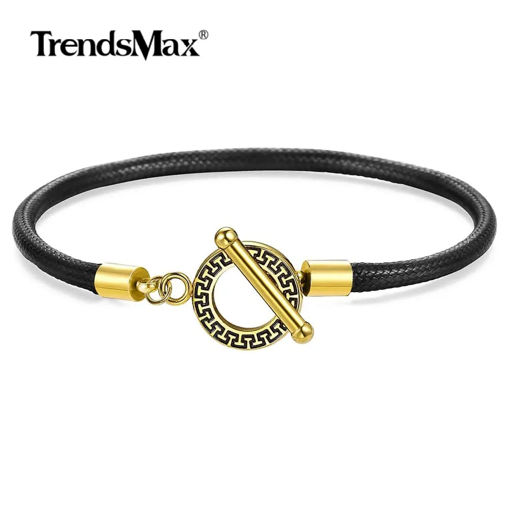 Trendsmax 4 мм простой черный кожаный браслет для мужчин и женщин золотой цвет