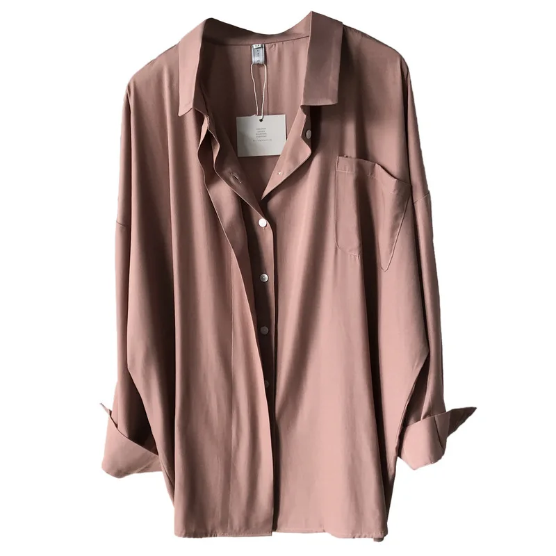 

2020 spring new designer chic double placket solid color long sleeve lapel shirt simple pending shirt women