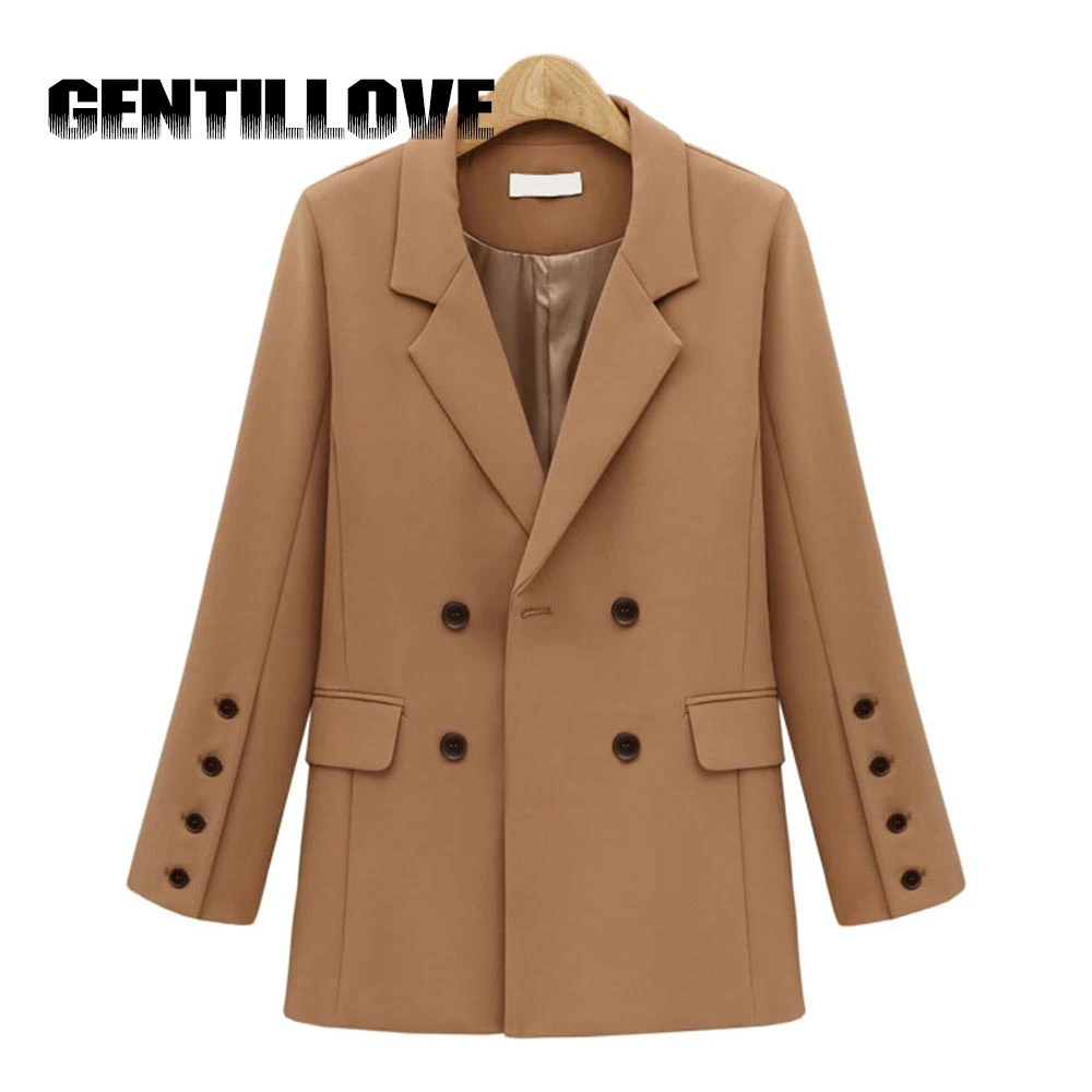 Женский двубортный Блейзер на пуговицах однотонное повседневное Коричневое