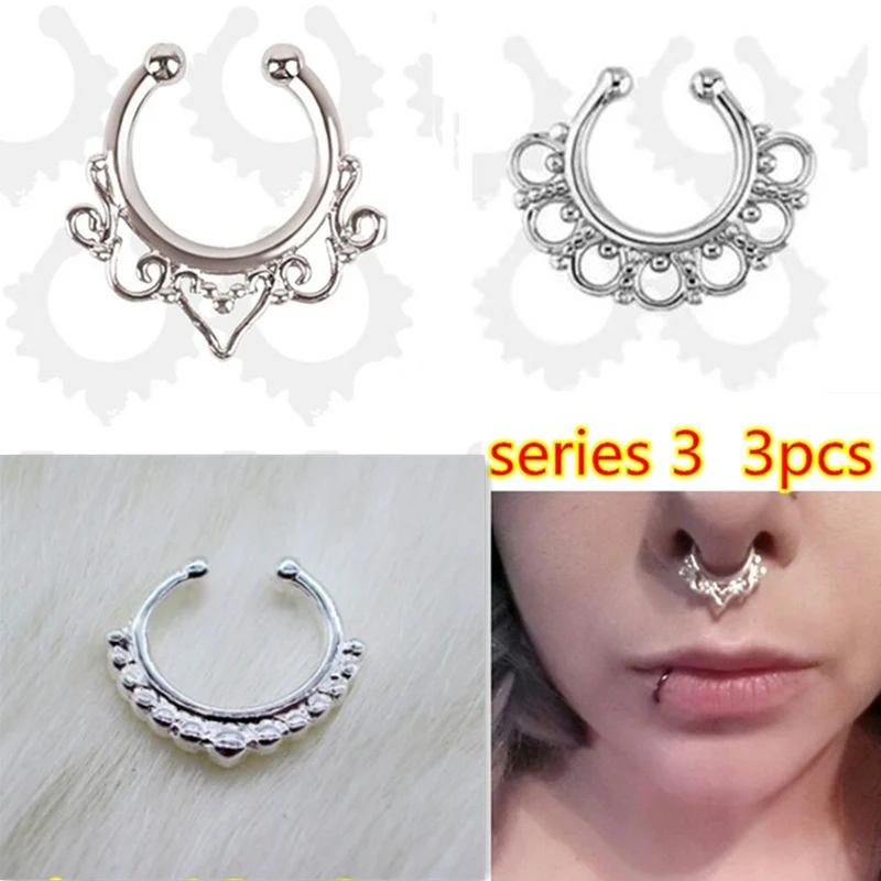 NO3as picture 3 шт. модные хрустальные поддельные носовые кольца круглой формы поддельные перегородки Пирсинг кольцо для женщин искусственный зажим кликер не Титановые Украшения для тела - Окраска металла: NO3as picture
