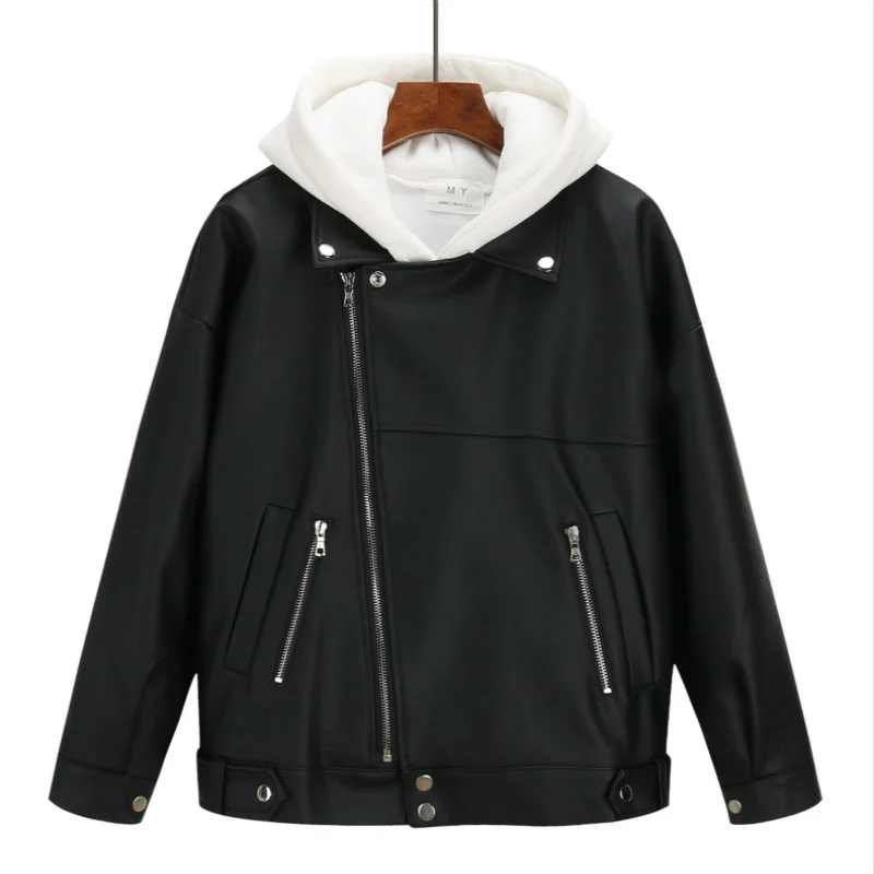 Womens PU Leather Zipper Jackets England Punk Black Cotton Warm Turn-down Collar Plus Size Loose Female Short Coats