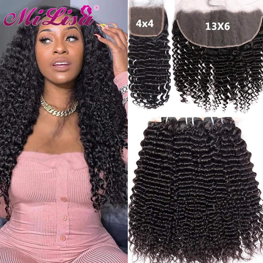 

30 Inch Deep Wave Bundles with Closure Curly Weave Bundles with 13 ×4 Frontal 3 Bundles Remy Hair Extension Human Hair Bundles