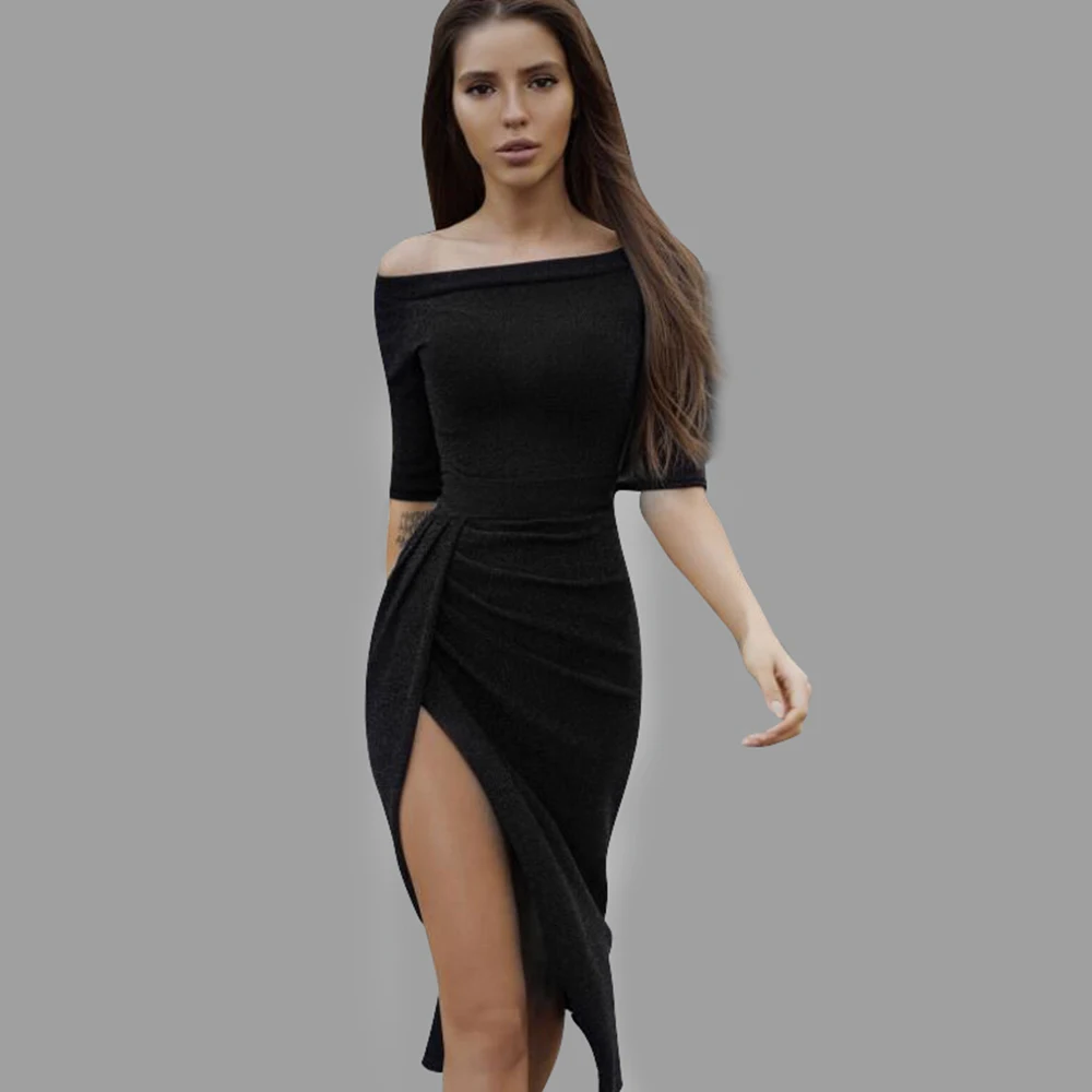 

Sale Women's Dress Sexy Split Half Long Sleeve Slash Neck Summer Slim Fit Solid Maxi Dresses Bifurcation Bodycon Long Dress D30