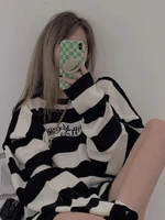 women sweater pullovers 2021 new autumn winter streetwear embroidered letters stripes casual loose couple clothes korean top ins