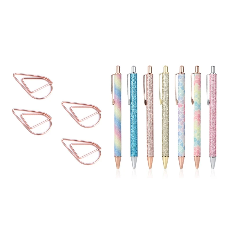 

Симпатичные Зажимы для бумаги из розового золота, 200 шт., гладкие Зажимы для бумаги в форме капли и шариковые ручки 7 шт., выдвижные искусствен...