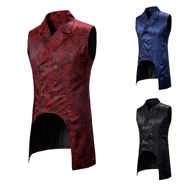 Wine Red Paisley Jacquard Long Vest Men Double Breasted Lapel Brocade Waistcoat Mens Gothic Steampunk Sleeveless Tailcoat | Тематическая