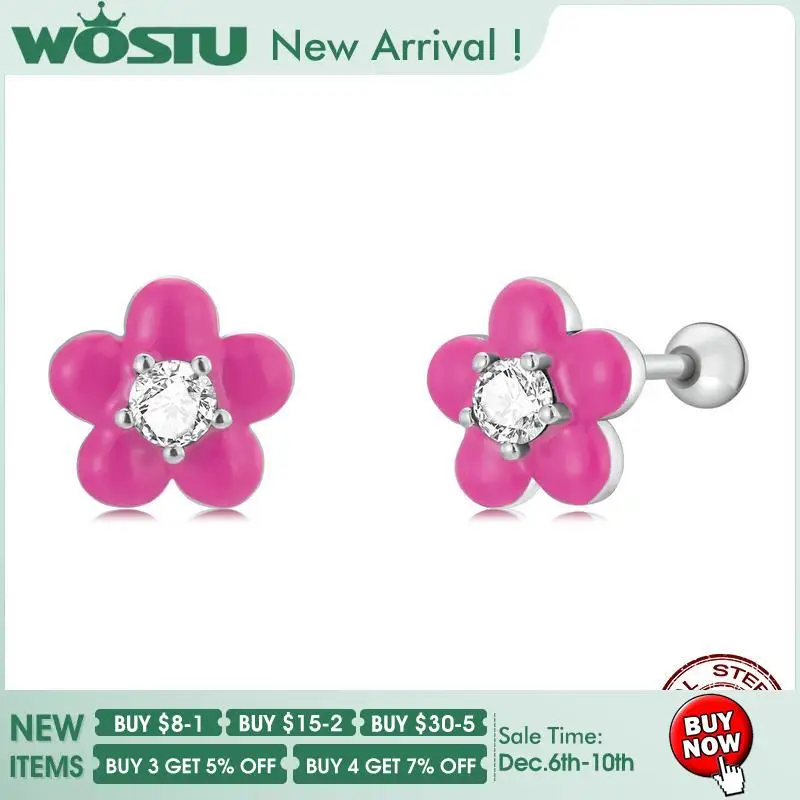 

WOSTU 925 Sterling Silver Small Lovely Flower Rose Pink Stud Hook Earrings For Women Valentine Jewelry Gif Zircon s925 Earring