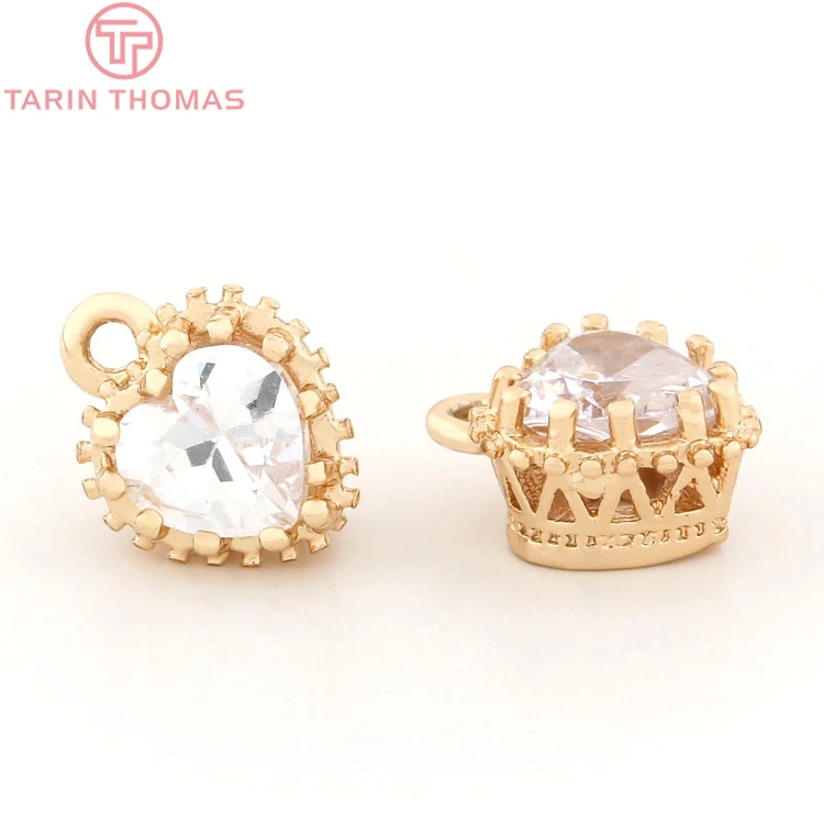 

(33165)6PCS 7*9*5MM Brass with Zircon 24K Champagne Gold Color Plated Heart Charms Pendants Jewelry Findings Accessories