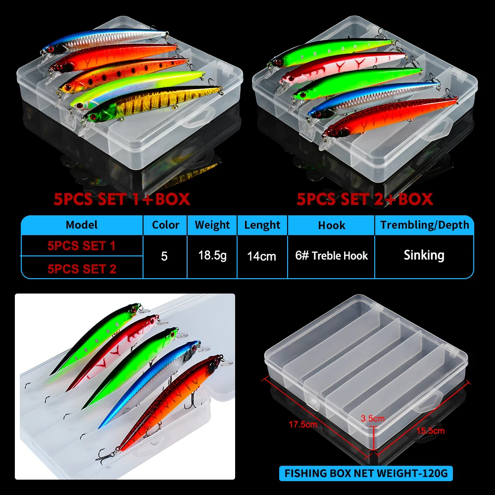 

New 5PC Minnowl +Box Fishing Lures 18.5g-14cm 10 Color 6# BKB Hooks Bass Bait Fishing Tackle Lure Set