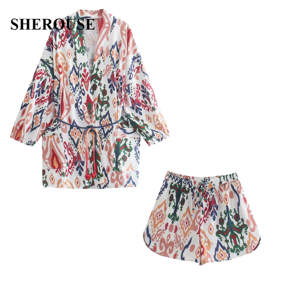 

2021 Two Piece Set Fashion Woman Printed Kimono Jacket Casual High-Waist Shorts Chic Lady Women Outfit Shorts Sets 2 piece set