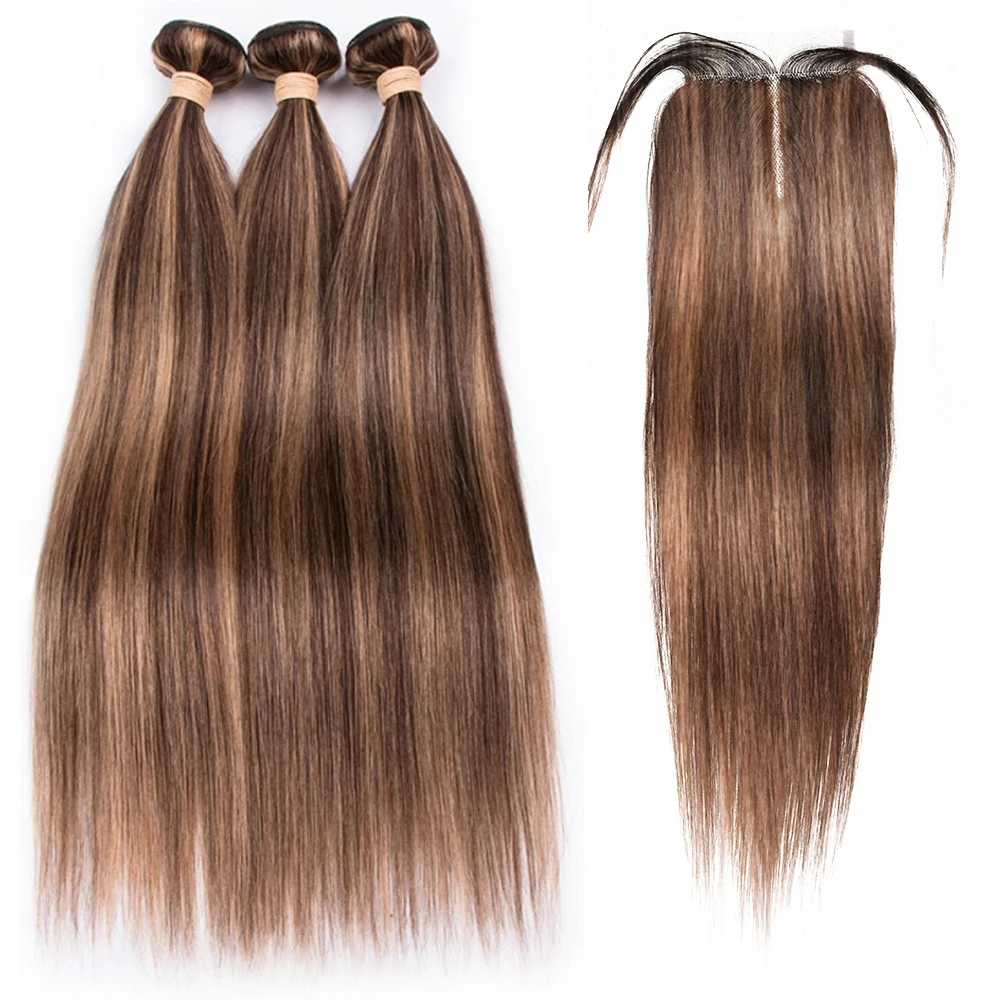 

P4/27 Highlight Straight Bundles With Closure Peruvian Hair Weave Bundles With Closure Human Hair Bundles With 4*1 Closure Remy
