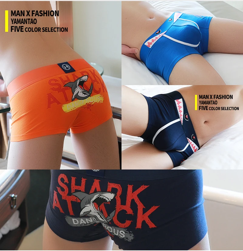 Мужские сексуальные хлопковые боксеры с мультяшными акулами модное нижнее белье