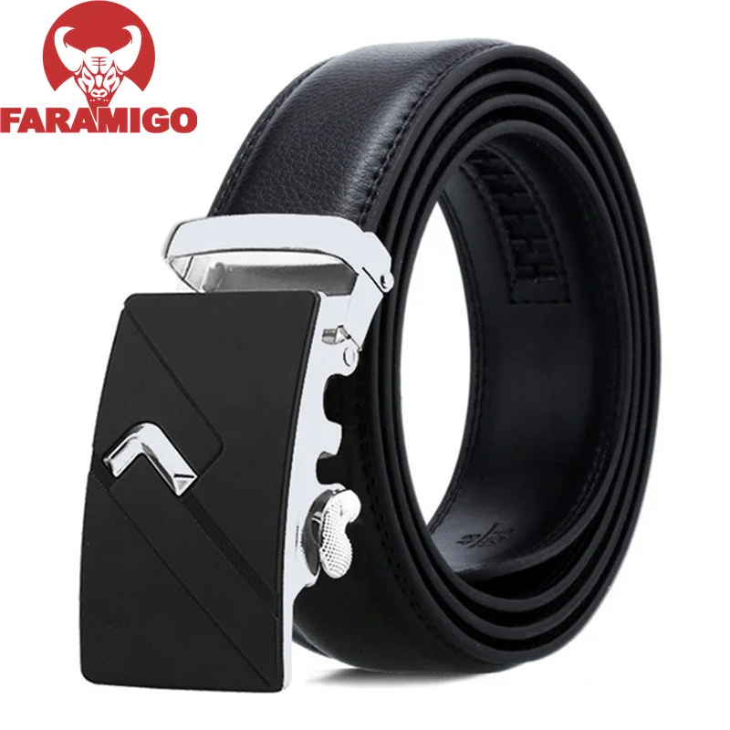 FARAMIGO Brand Fashion Automatic Buckle Black Genuine Leather Belt Men's Belts Cow Leather Belts for Men 3.5cm Width