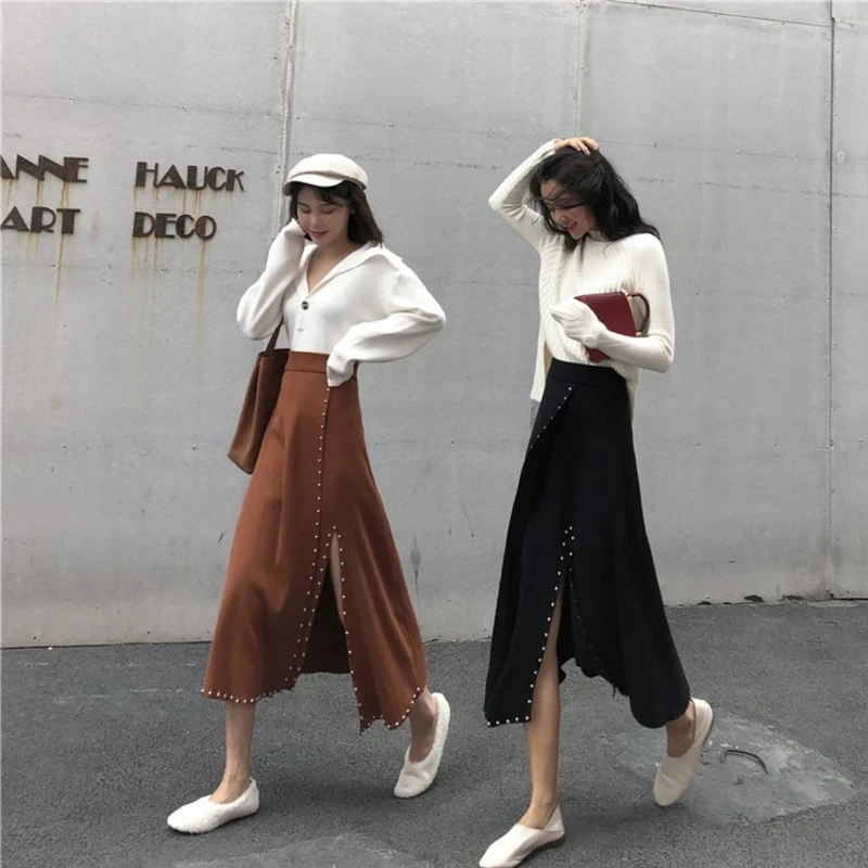 Новинка 2020 Женская однотонная трикотажная Плотная юбка с разрезами на бедрах и