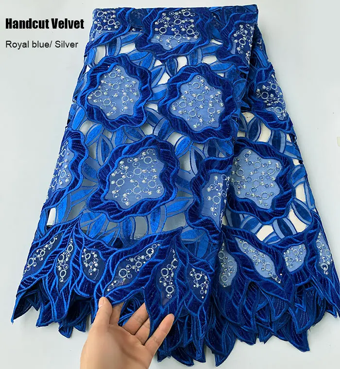 Royal blue 5 ярдов африканская ручная бархатная ткань с кружевом с камнями большая Цветочная вышивка нигерийская швейная одежда - Цвет: Royal blue