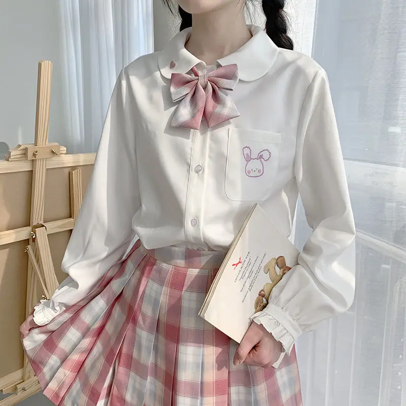 Японская белая шифоновая блузка Kawaii Женская Осенняя рубашка с длинным рукавом и