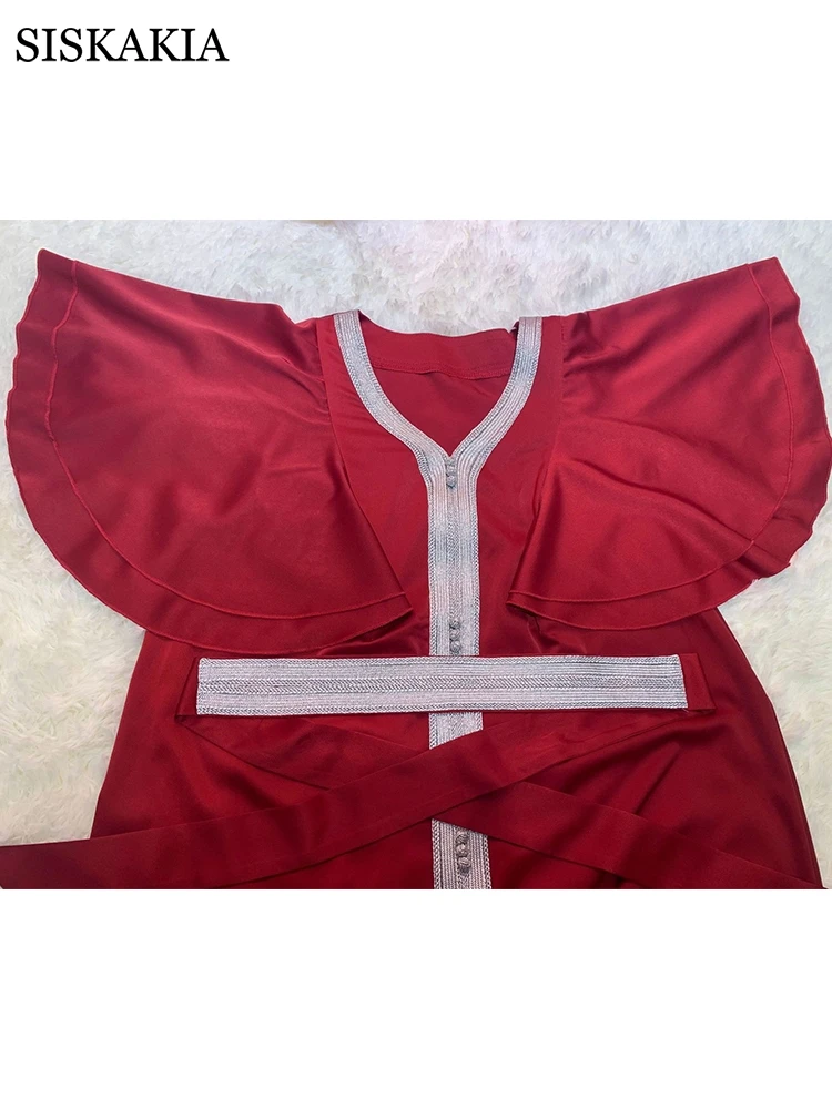 

Siskakia Satin Maxi Dress for Women Summer 2021 Elegant Ethnic Ruffle Short Sleeve Jalabiya Dubai Arabic Moroccan Clothes Maroon