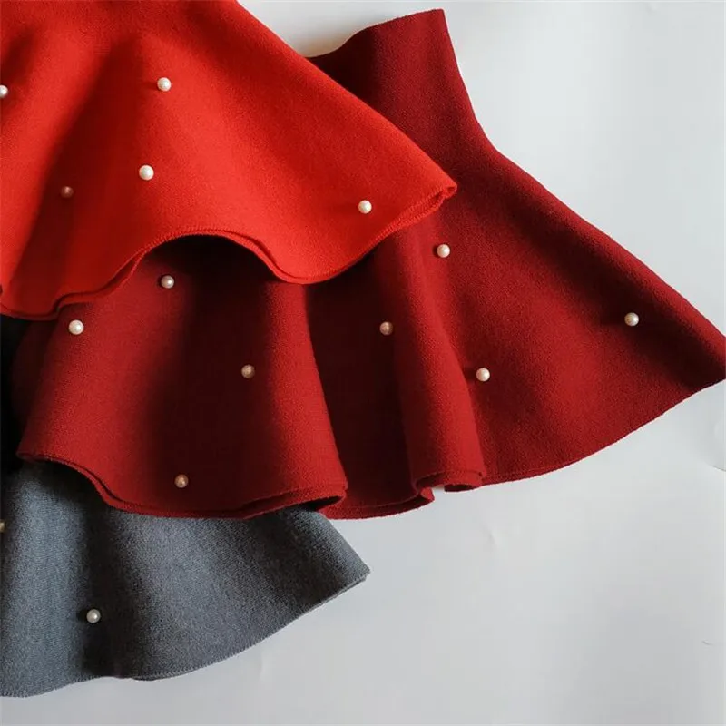 Зимние однотонные вязаные юбки пачки для маленьких девочек с жемчугом красные